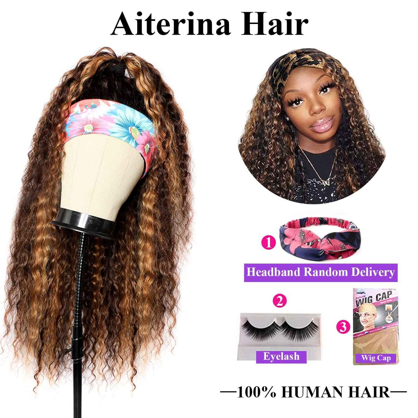 4/27 Highlight Ombre Blonde Headband Wig Human Hair Deep Wave Headband Wig Attached Half Wigs Deep Wave Curly Human Hair Headband Wig for Black Women 150% Density Human Hair Wigs 24 inch
