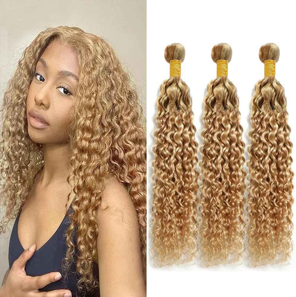 Giginger P27/613 Blonde Jerry Curly Human Hair Bundles 20 22 24 Inch Highlight Honey Blonde Jerry Curly Bundles 100% Unprocessed Raw Quick Weave Hair for Black Women