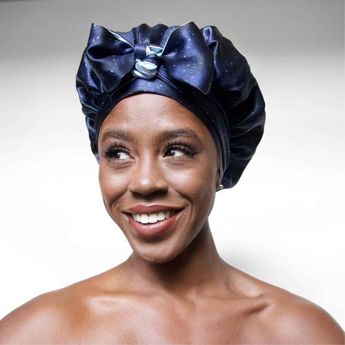 100% Mulberry Silk Bonnet for Sleeping Women, Handmade in USA 19 Momme Double Layer Reversible Silk Hair Wrap with Adjustable Ties, Non-Slip Sleep Cap for Curly & Natural Hair (Midnight)