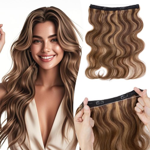 TESSHAIR Halo Hair Extensions 14 Inch, 100% Real Human Hair, No Tangle & Smooth, Invisible Wire Extensions for Women, 60g, Wavy Curly #Wavy Medium Brown Mixed Dark Blonde