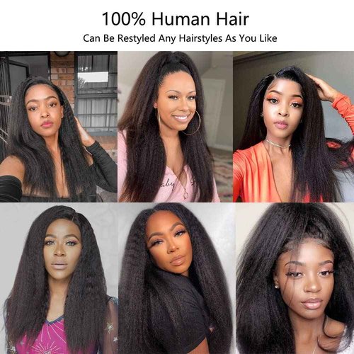 ZIYU 13X4 Kinky Straight Lace Front Wigs Human Hair for Women, 16 inch Kinky Straight Human Hair Wig Pre Plucked HairLine with Baby Hair,180% Density Yaki Straight Lace Wigs Natural Black Color