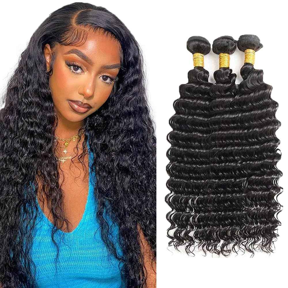 Human Hair Bundle Natural Black Deep Wave Bundles 16 18 20 inch 100% Unprocessed Brazilian Virgin Hair 3 Bundles 150g #1b Color Wet and Wavy Bundle
