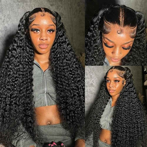 Deep Wave Lace Front Wigs 13x6 HD Transparent Lace Frontal Wig for Black Women 100% Real Curly Human Hair Wigs Pre Plucked with Baby Hair 180% Density (Black, 22 inch)