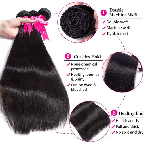 Subella Brazilian Straight Hair 3 Bundles with Closure Grade 10A Unprocessed Brazilian Virgin Human Hair Bundles with Closure Natural Black Color (18 20 22+16 Free Part)