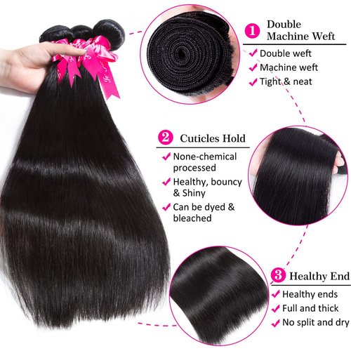 Subella Brazilian Straight Hair 3 Bundles Grade 10A Virgin Brazilian Straight Human Hair Bundles Weave Natural Black Color (16 18 18inch)