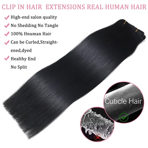 Jet Black Real Human Hair Clip in Extensions - Remy, Invisible, Natural Straight, Seamless - 7pcs Double Weft, 22 Inch, 120g