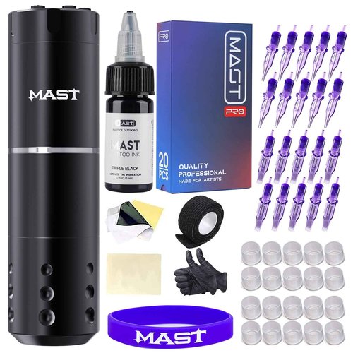 Mast Tattoo Gun Kit, Wireless Complete Tattoo Kit Cord/Cordless Tattoo Machine 20Pcs Cartridge Needles Tattoo Ink for Beginner