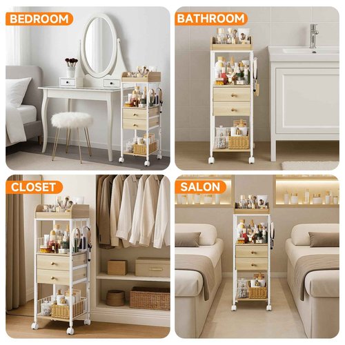 DongRong Makeup Organizer Cart, Rolling Floor Skincare Organizer and Storage with 2 Wooden Drawers, Cosmetics Display Cases Holder for Skin Care Perfume Hair Tools Nail Polish