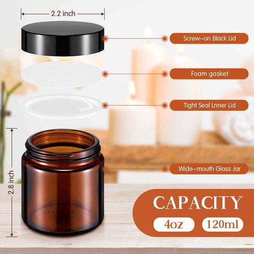 Norme 64 Pcs 4 oz Glass Jars with Lids Leakproof Round Airtight Empty Cosmetic Jars with Inner Liners Lid for Storing Lotions Powder Ointments Candle Making Tins (Black,Amber)
