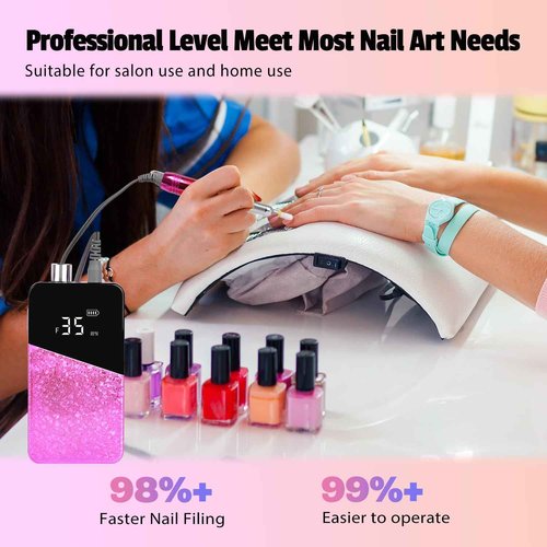Electric Nail Drill Machine 35000RPM Professional Portable Nail File Cordless Rechargeable Nail Efile for Acrylic Gel Nails Manicure Pedicure Polishing Shape Tools for Salon Home Use (Snowflake Pink)