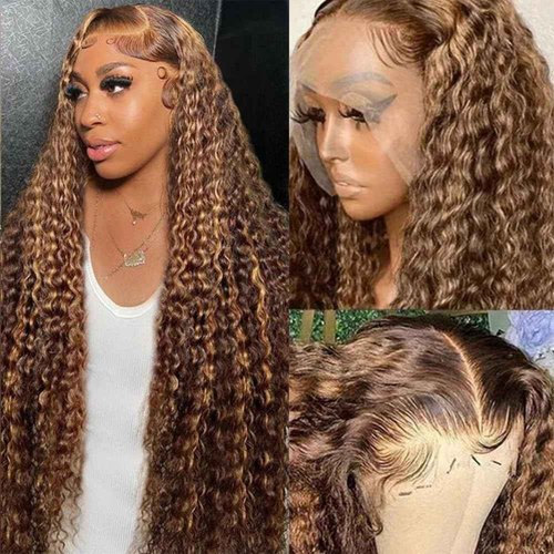 UFHUFH 20 inch Highlight Ombre Lace Front Wig Human Hair 200 Density Honey Blonde Wig Human Hair 13x4 HD 4/27 Deep Wave Lace Frontal Wigs Pre Plucked with Baby Hair