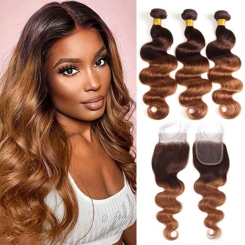2 Tone Ombre Body Wave Hair 3 Bundles with 4x4 Free Part Lace Closure 100% Unprocessed Brazilian Remy Virgin Hair Body Wave Human Hair Bundles with Closure (14 16 18+12" 4x4 Closure)