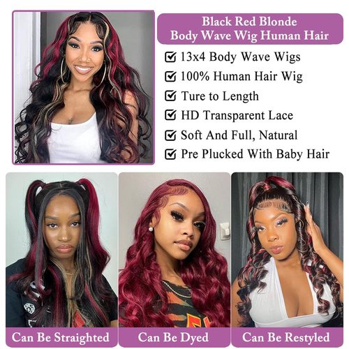 abgese Red Blonde Highlight Wig Human Hair Body Wave Lace Front Wigs Human Hair Pre Plucked 180% Density Blonde Red Highlights 13X4 Transparent Glueless Colored Wig Human Hair for Women 16 Inch