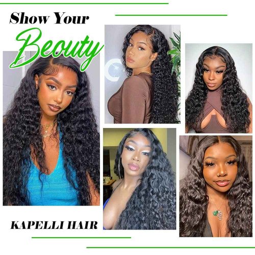 Kapelli Hair 13x4 Lace Frontal Closure Water Wave Regular HD Lace, 200% Density, 100% Brazilian Virgin Human Hair Ear to Ear HD Lace Frontal Pre Plucked with Baby Hair Natural Black Color 20 Inch