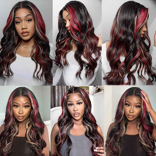 abgese Black Red Blonde Highlights Wig Human Hair 13x4 Body Wave Lace Front Wigs Human Hair 180% Density Ombre Blonde Red Highlight Glueless Colored Body Wave Wig Pre Plucked for Women 18 Inch