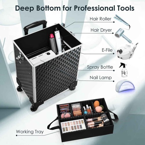 Yueieoun Makeup Train Case,3 in 1 Large Rolling Makeup Case, Barber Travel Cosmetology Case Professional Nail Cart Organizers Cosmetic Cases Beauty Salon Lockable Trolley for Hairstyle,Tattoo,Manicure