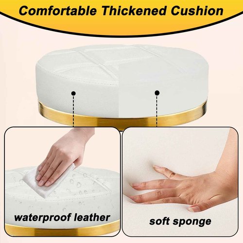 Gold Rolling Vanity Stool with Wheels, Padded Seat, Adjustable Round Rolling Chair, Office Work Stool, Pedicure Salon Spa Massage Esthetician Chair For Hair Salons, Spas, Tattoo (white, Without Back)