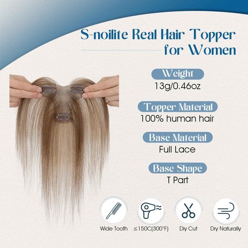 SLEEKALON Hair Topper with Side Bangs Human Hair Curtain Bangs Topper for Women, T-part Lace Base Real Human Hair Topper Hair Piece for Daily Wear(Side Bangs,Medium Brown & Dark Blonde)