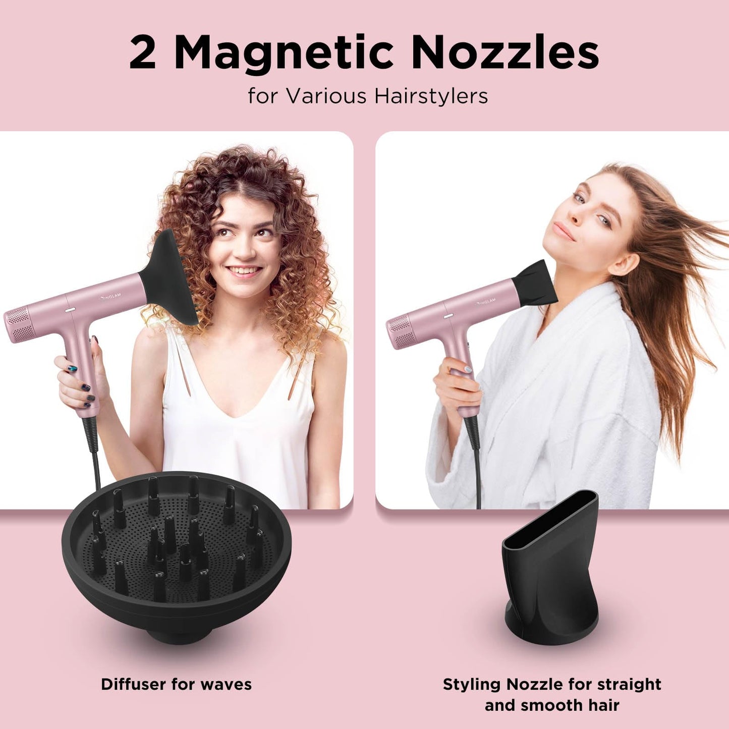 IG INGLAM Hair Dryer with Diffuser for Women, 1300W Ionic Blow Dryer with LCD Display, 3 Temps & 3 Speeds High-Speed Travel Hair Dryer with One Button Cool Air, Slim&Lightwight, Store Bag, Rose Pink