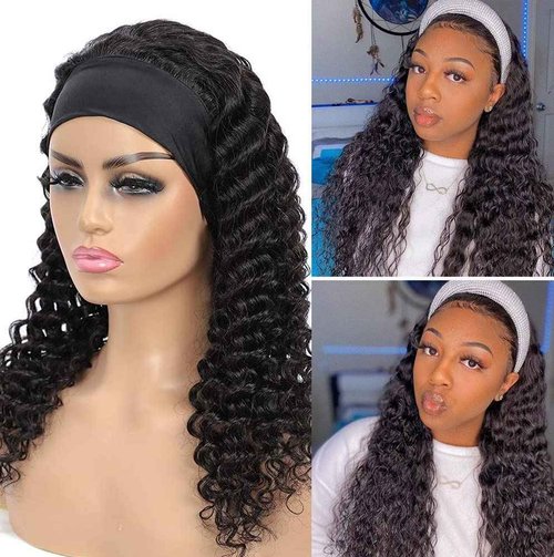 Rebasar Deep Wave Wigs Human Hair Wear and Go Glueless Headband Wigs 20 Inch Human Hair Wigs for Black Women Human Hair Deep Curly Black Wig