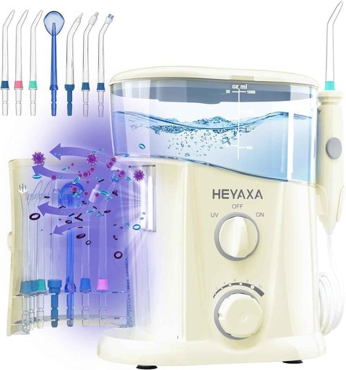 HEYAXA Water Dental Flosser for Teeth Cleaning with 1000ML Large Capacity and UV Storage, 10 Adjustable Pressure Electric Oral Irrigator with 7 Jet Tips for Home Use, Gums, Braces (Ivory White)