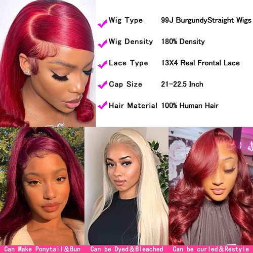 Samrabeauty 99j Burgundy Straight Lace Front Wigs Human Hair 99J 13X4 HD Transparent Lace Frontal Wigs 180% Density Glueless Pre Plucked with Baby Hair Wigs for Women