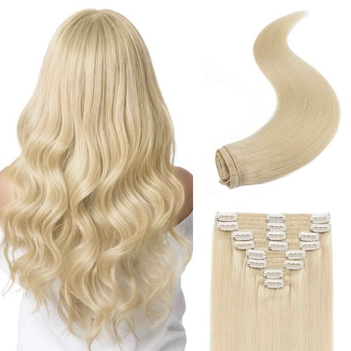 S-noilite Clip in Hair Extensions Real Human Hair Platinum Blonde Clip on Extensions 18 Inch 8pcs 140g Straight Double Weft #60