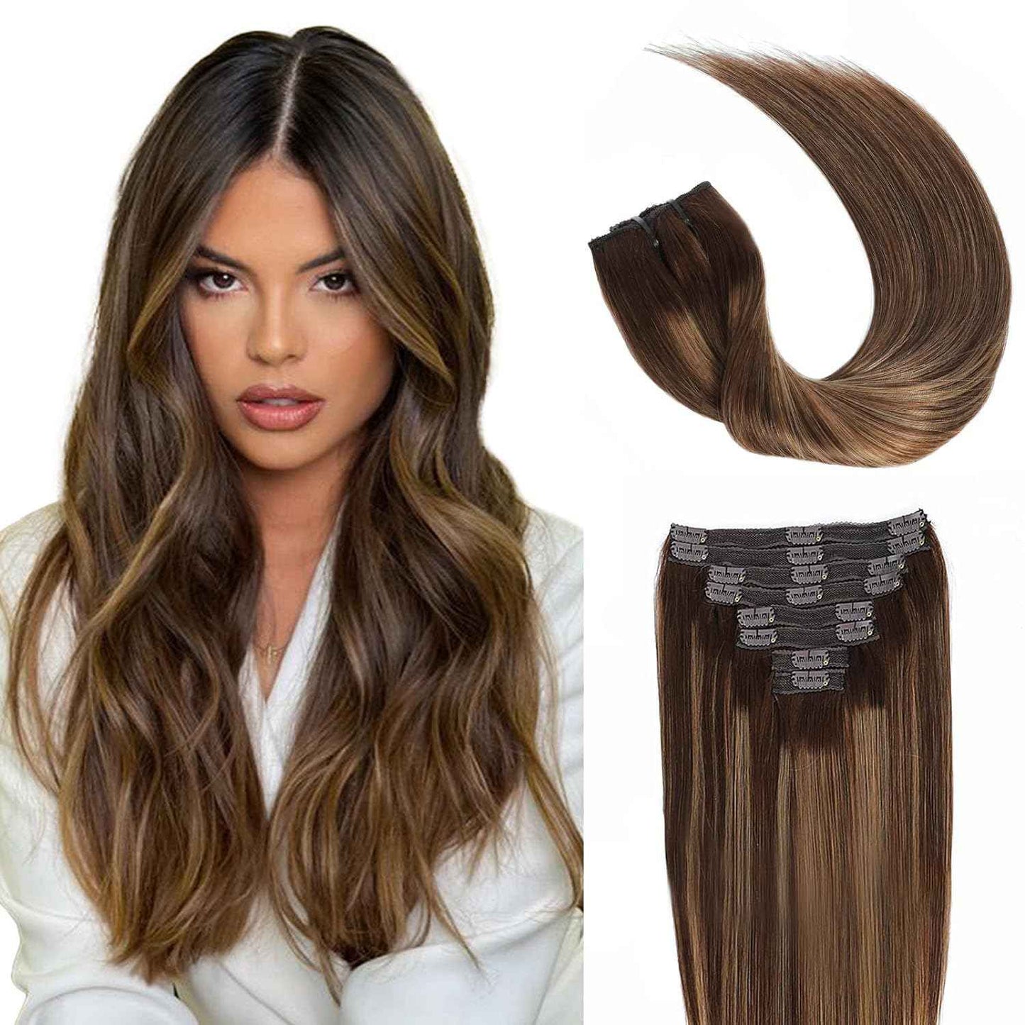 Goulus Clip-in Hair Extensions - Real Human Hair, 120g, 8pcs, Silky Straight, Chocolate Brown & Caramel Blonde, Double Weft, Thick Clip Ins (4/27/4,24)