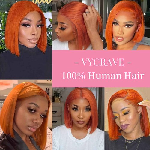 VYCRAVE 350# Bob Lace Front Wigs Human Hair 180 Density Ginger Orange 13x4 HD Straight Bob Wig Human Hair Pre Plucked Glueless Lace Frontal Wigs for Black Women 14 inch