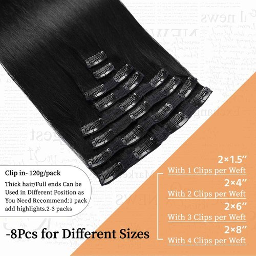 VKHAIR Clip in Hair Extensions Real Human Hair 20 inch, 8Pcs/120g Human Hair Clip in Extensions, Seamless Clip in Hair Extensions Human Hair #1 Jet Black, 20 Inch