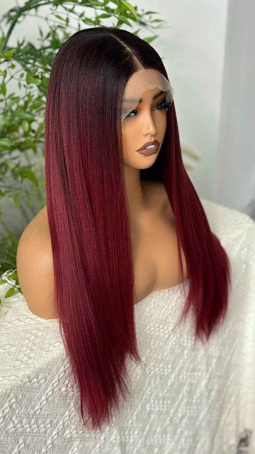 Emistar Ombre Burgundy Layered Straight Synthetic Lace Front Wig for Black Women 13x6 Lace Front Wigs Soft & Natural as Human Hair Pre Plucked with Baby Hair Long Straight Synthetic Wig 22 Inch