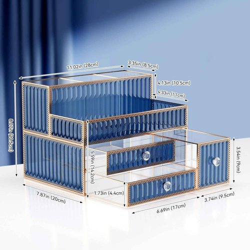 Youdepot Makeup Organizer Blue - Tempered Glass Vanity Organizer for Cosmetics, Skincare, Hair Tools, Brushes, Perfume - Multipurpose Bathroom Counter Skincare Organizer