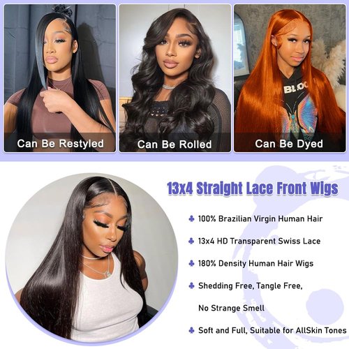 INVITEYOU 13x4 Body Wave Lace Front Wigs Human Hair Pre Plucked 180 Density HD Transparent Lace Frontal Wigs with Baby Hair Natural Hairline Gluesless Human Hair Wigs for Women Black 26 Inch