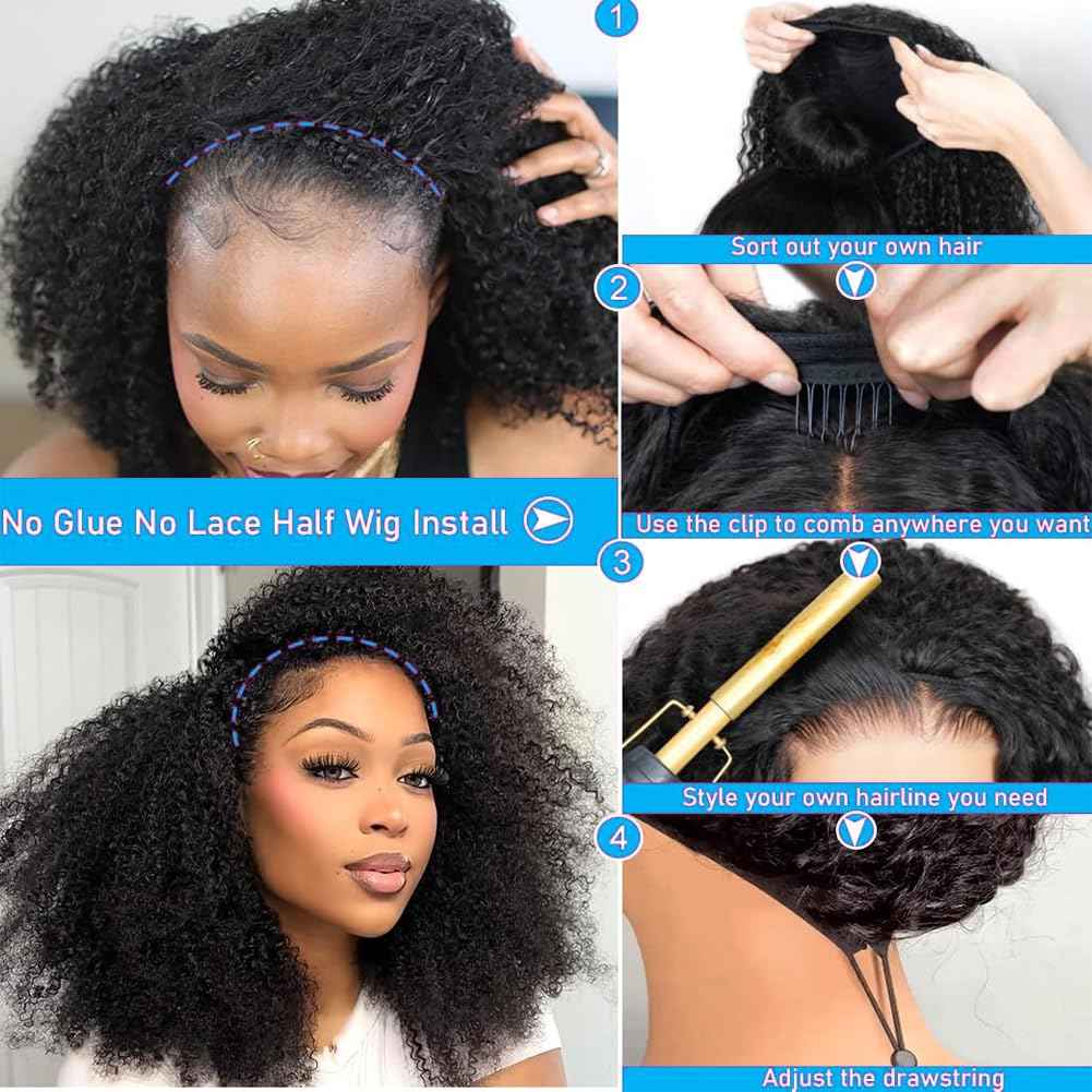 Kinky Curly Half Wig Human Hair 200% Density 3 In 1 Seamless Flip Over Half Wigs Human Hair Glueless Wear and Go Beginner Friendly Kinky Curly Wig Human Hair Drawstring Headband Wig for Women 18 Inch