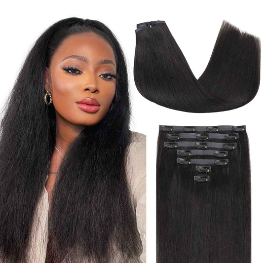 Lashey Seamless Clip-in Hair Extensions Human Hair Light Yaki Straight 16 Inch 7pcs 110g Natural Black PU Clip-in Hair Extensions