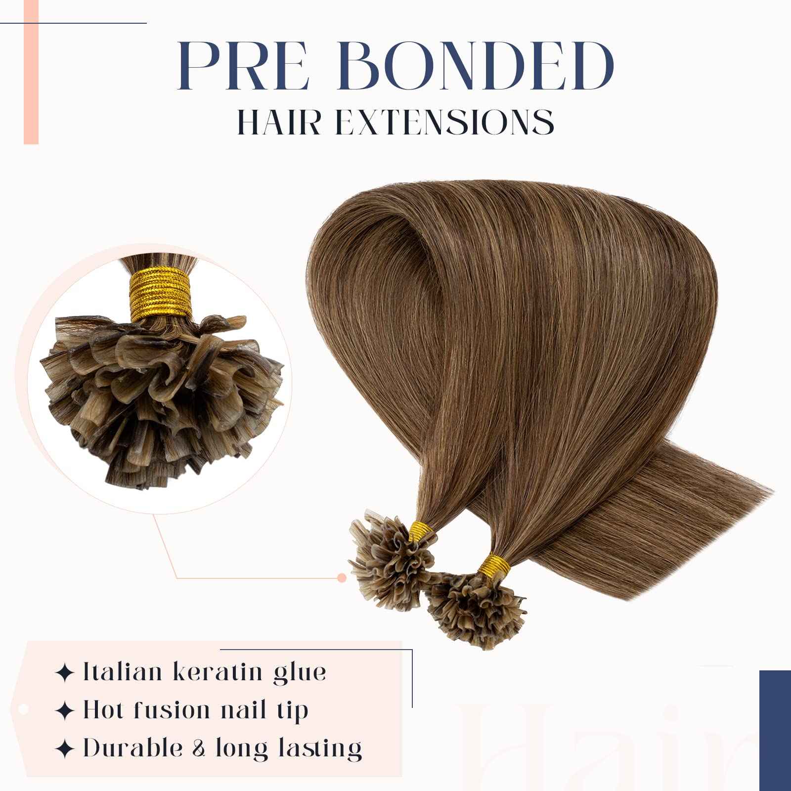 Hairro U Tip Human Hair Extension Pre Bonded Hot Fusion Hairpiece For Women Remy Nail Tipped Hair Pieces Silky Straight Keratin Utips Hair Extension 50g 22" #4P27 Medium Brown Mix Dark Blonde