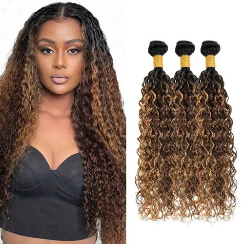 P4/27 Highlight Bundles - 26, 28, 30 inch Human Hair #4 Water Wave & Ombre Blonde & Brown Bundles