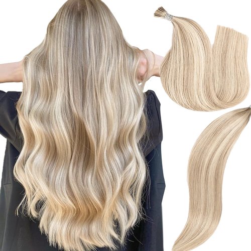 DIYOMO I Tip Hair Extensions - Human Hair,Light Blonde Highlighted Bleach Blonde 24 Inch For Women Soft & Natural Itip Human Hair Extensions 50g 50s