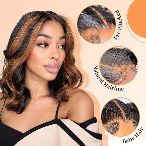 Afribye 13x6 Highlight Body Wave Lace Front Wigs Human Hair 200% Density FB/30 Ombre Frontal Wigs Human Hair Pre Plucked Short Wigs for Black Women Glueless Balayage HD Lace Wig Loose Wavy 14 inch