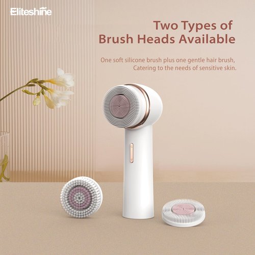Eliteshine 1 White Electric Facial Cleansing Brush Plus with 2 Original Replacement Heads Bundle