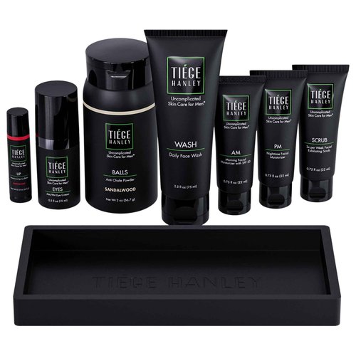 Tiege Hanley Skin Care Gift Box for Men, Gold Gifting Skincare Set With Face Wash, Exfoliating Scrub, AM & PM Moisturizer, Eye Cream, Lip Balm, & Anti Chafing Powder, Men’s Skin Care, 8 Piece Set
