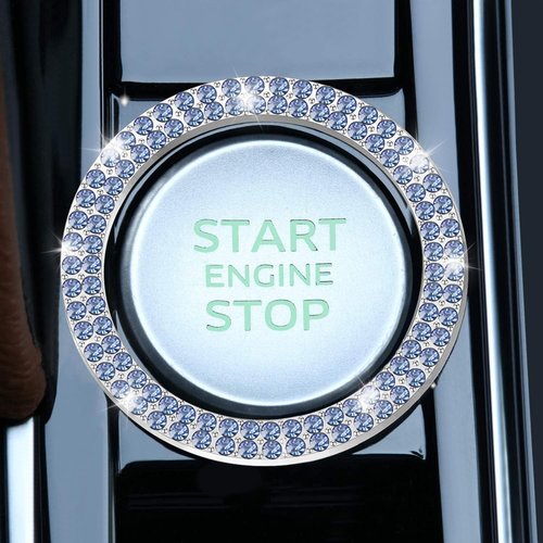 LivTee 2 PCS Crystal Double Rhinestone Car Engine Start Stop Decoration Ring, Bling Car Interior Accessories for Women, Push to Start Button Cover Sticker, Automotive Decals, Light Blue