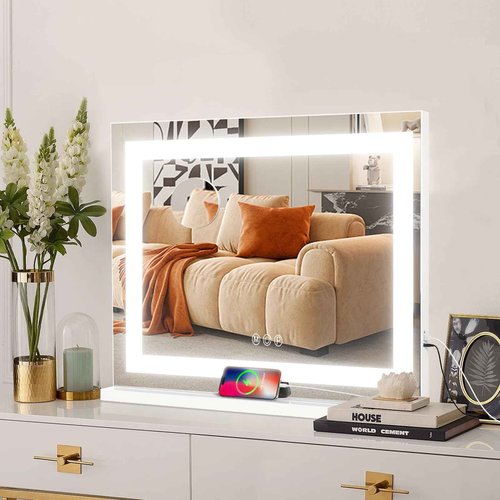 COOLJEEN Vanity Mirror with Lights, 23" x 18" LED Makeup Mirror, Lighted Makeup Mirror with 3 Color Modes, Detachable 10x Magnification and USB Charging, Tabletop & Wall-Mounted