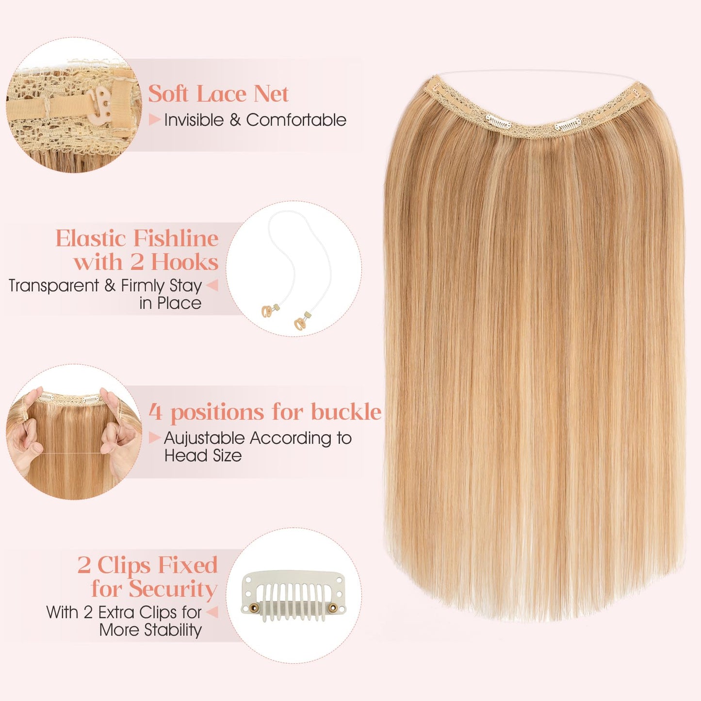 Hairro Wire Hair Extensions Human Hair, Fish Line Invisible Adjustable & Clips in Extensions Straight, 100% Real Hairpieces Seamless Blending for Women, 16 Inch 80g Golden Brown Mix Bleach Blonde