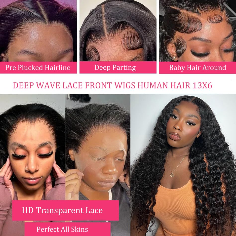 28 Inch 13x6 Deep Wave Lace Front Wigs Human Hair HD Transparent Deep Curly Lace Frontal Wigs Human Hair 180 Density Pre Plucked Glueless Wigs for Women Natural Color