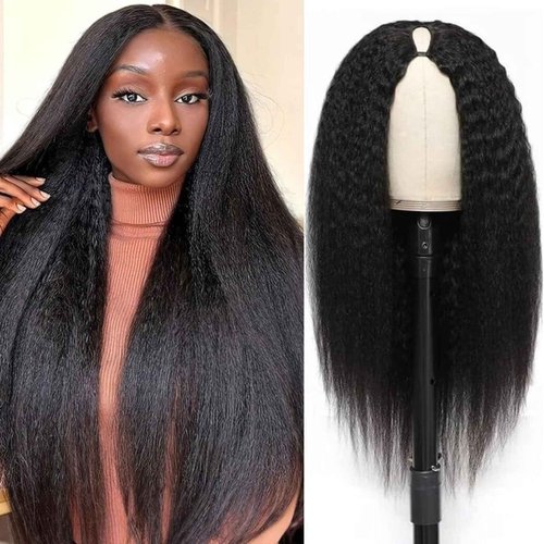 MOOTAFUL V Part Human Hair Wig Kinky Straight V Part Wig Human Hair for Black Women 18 Inch Glueless Wigs Clip Upgrade Natural Beginner Friendly Middle Part 200% Density