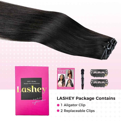 Lashey Invisi Edge Clip in Hair Extensions, 7pcs 110g Silky Straight Seamless Clip in Hair Extensions Human Hair 14 Inch Natural Black Hair with Invisible Soft Weft