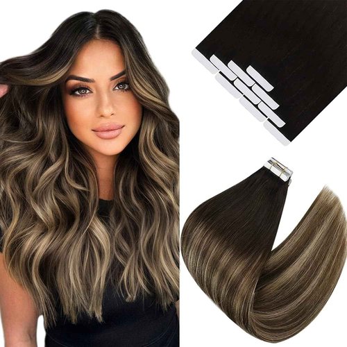Ve Sunny 2Packs 75G Black Ombre with Dark Brown to Ash Brown Balayage Tape in Human Hair Extensions 18inch