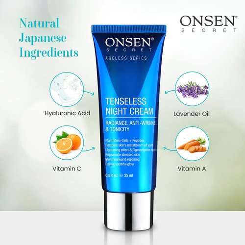 Onsen Secret Wrinkle Repair Tenseless Night Face Cream - Dermatologist Recommended Anti-Wrinkle, Radiance and Tonicity Cream - Anti Aging Ultra Boost Facial Creme for Dry Skin & Age Spots (0.8 Fl Oz)