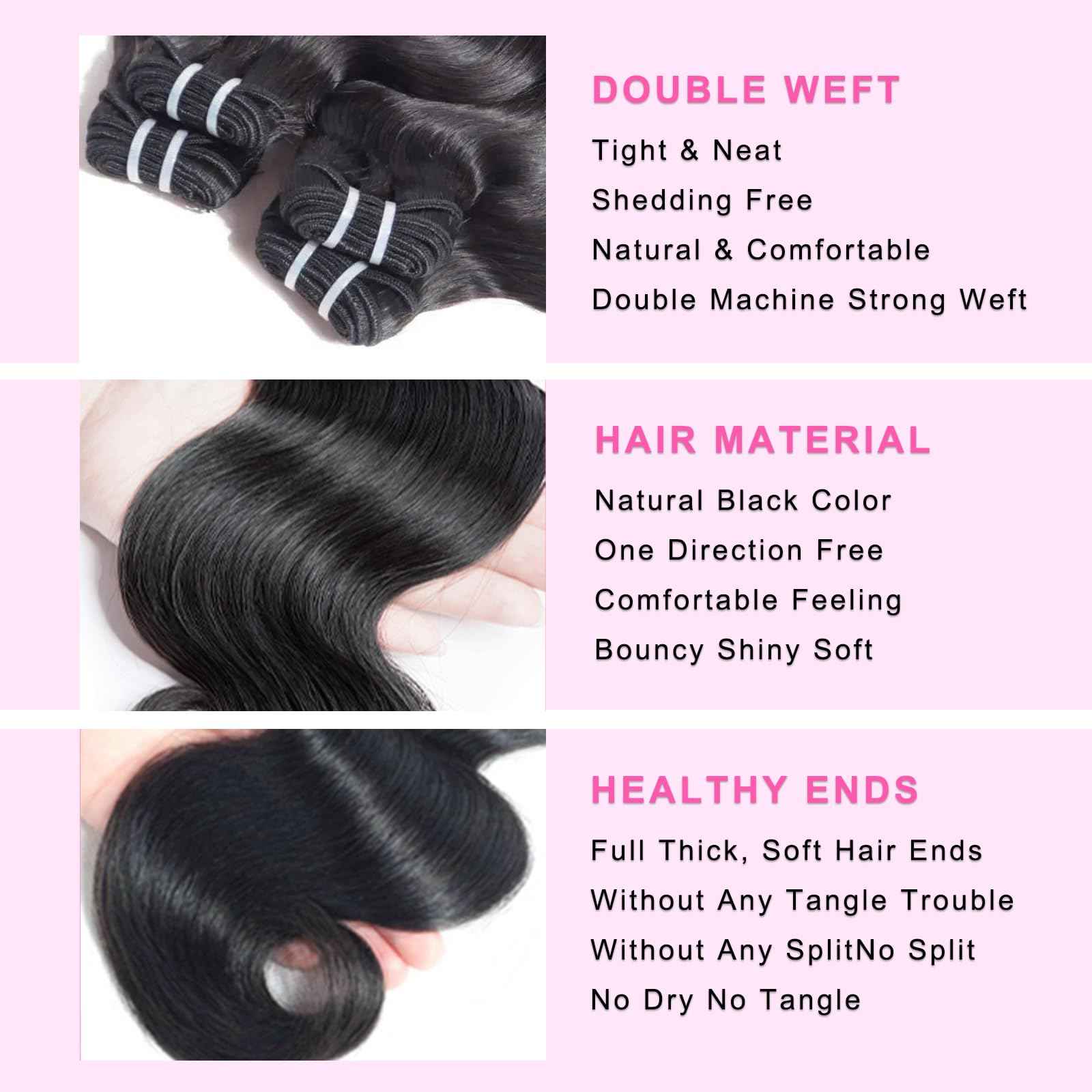 12A Human Hair Bundles 16 18 20 Inch Body Wave Bundles Human Hair 100% Unprocessed Brazilian Virgin Hair Real Human Hair Extensions Natural Black